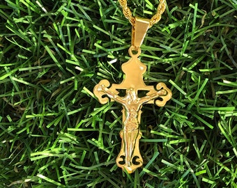 Men's Women's 14k Gold 5X Layered Stainless Steel Cross Pendant, Rope Chain Pendant 16"-24" Inches  warranty Non Rust or Turn Neck Green