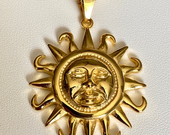 Sun Ketting Mannen Vrouwen Goud 5X Gelaagd Roestvrij Staal Zon beschermende Hanger, Touw Ketting 16"-24" Inch Wordt Niet Groen