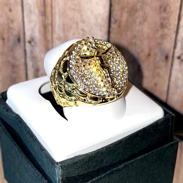 Nugget Jesus Men's Ice out Ring, Anillo Cz de diamantes en capas 5X de oro de 14 k, Anillo grande de diseñador, Anillo de tamaños unisex, Regalo para él, Garantía de por vida
