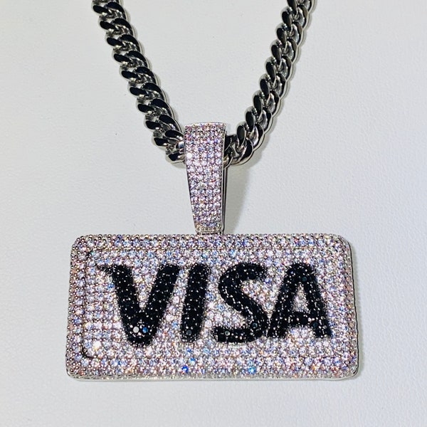Men Women VISA Debit Credit Card Custom Iced 14k Rhodium Finish Icy Pendant, 14k Stainless Steel 8mm Miami Cuban 16"-24" Chain Charm Set