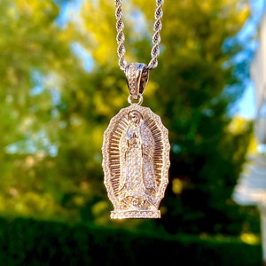 Iced Lady of Guadalupe Men's Women Italy 925 Sterling Silver Iced Pendant, Stainless Steel Rope Chain 16"- 24" Inches Chain and pendant Set