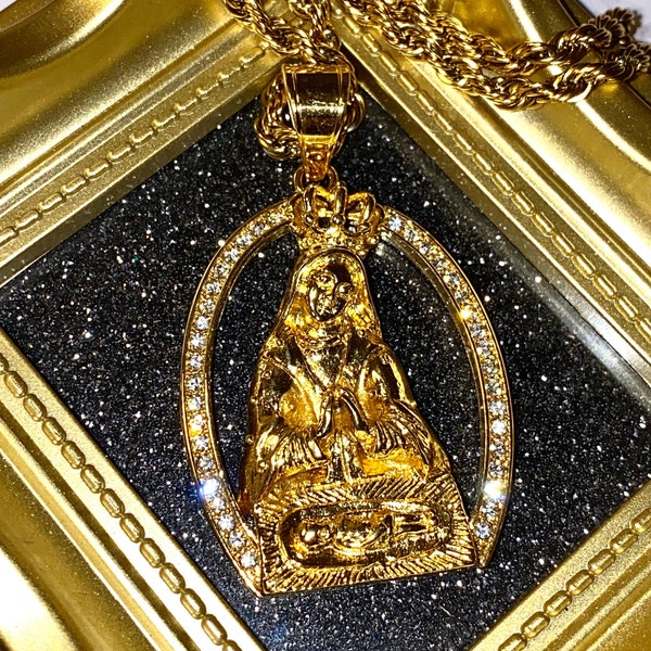 Men's Women's 14k Gold 5X Layered Stainless Steel Virgin Mary Pendant, Rope Chain 16"-24" Inches  warranty Non Rust or Turn Neck Green