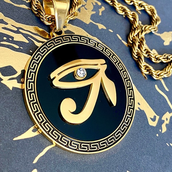 Protection Egyptian Necklace Men's Women Solid 14k Gold 5X Layered Stainless Steel Eyes Of Horus Pendant, Rope Chain 16"-24" Inches warranty