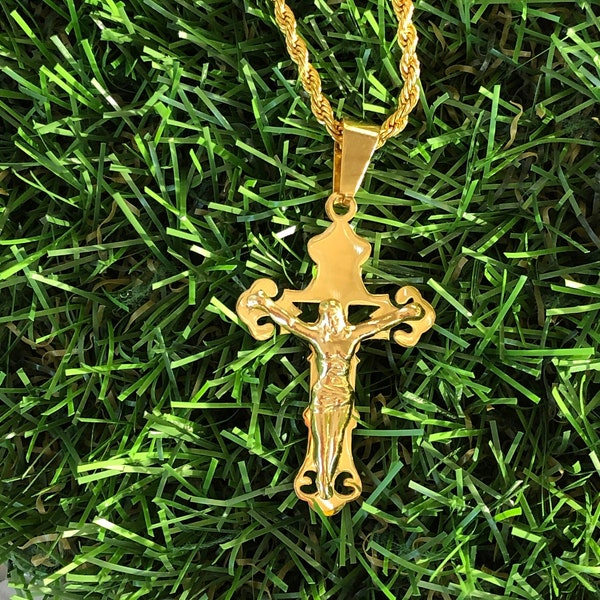 Men's Women's 14k Gold 5X Layered Stainless Steel Cross Pendant, Rope Chain Pendant 16"-24" Inches  warranty Non Rust or Turn Neck Green