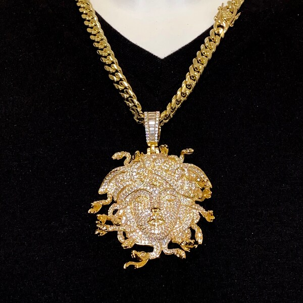 Men's Miami Cuban Link Chain Necklace,14K Gold 5X Layered Cuban Chain, Medallion Necklace, CZ Diamond Medallion Choker, ICY Necklace,Chain