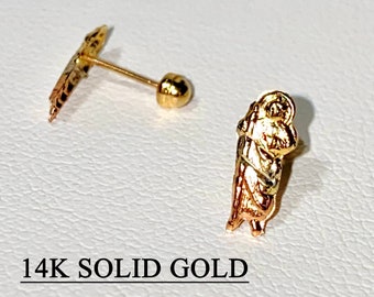 14k Solid Real Yellow Gold Basket Set Cute Religious Saint Jude San Judas Blessings Stud Earrings, 14k Gold Stud Diamond Cut Dainty Earring