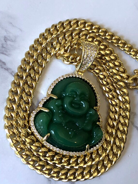Men/'s Women/'s Real Jade Green Thai Buddha 14k Silver layered CZ Diamonds Steel Chain and Pendant Fashion Statement Very Famous 16-24