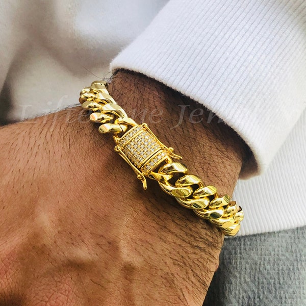 Bracelet Miami Cuban pour homme en or 14 carats, 5 couches, acier inoxydable de 10 mm d'épaisseur, 8, 9 pouces, solide, solide, garantie à vie, antirouille