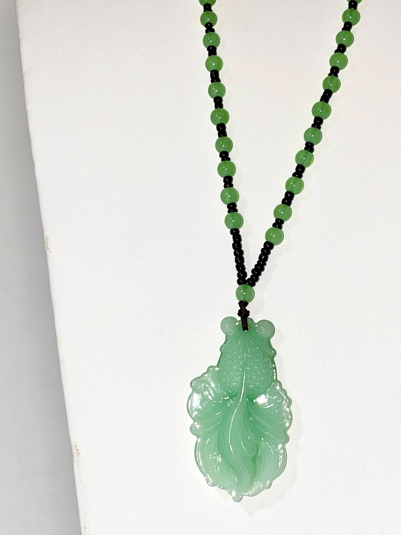 Mens Real Green Jade Turquoise Green White Gemstone Gold Fish Water Animal Elegant Obsidian carved Lucky Protection Pendant Bead Necklace