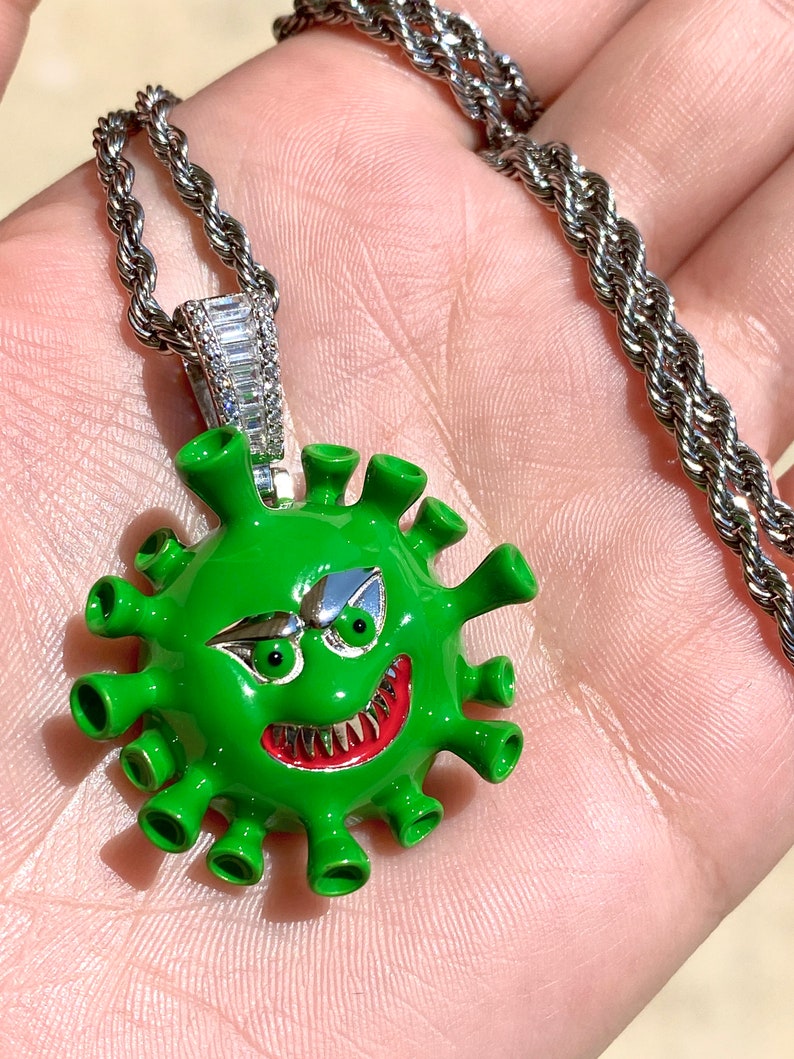 CUSTOM VIRUS Men/'s Women Italy 925 Sterling Silver Iced Pendant Stainless Steel Rope Chain 16-24 Inches Chain and pendant Set