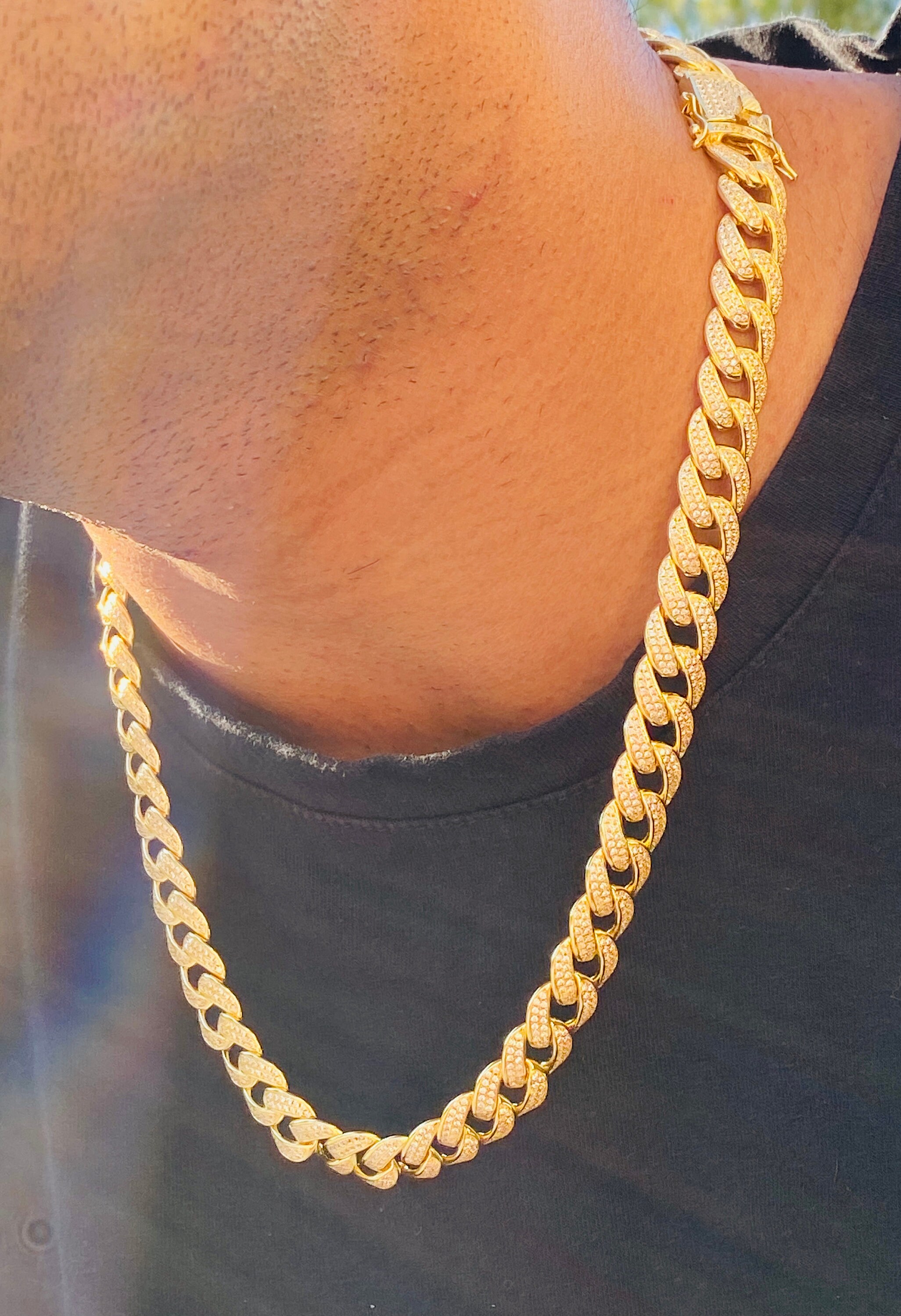 Men's 12mm Miami Cuban Link Chain Necklace, 14K Gold 5X Layered Cuban