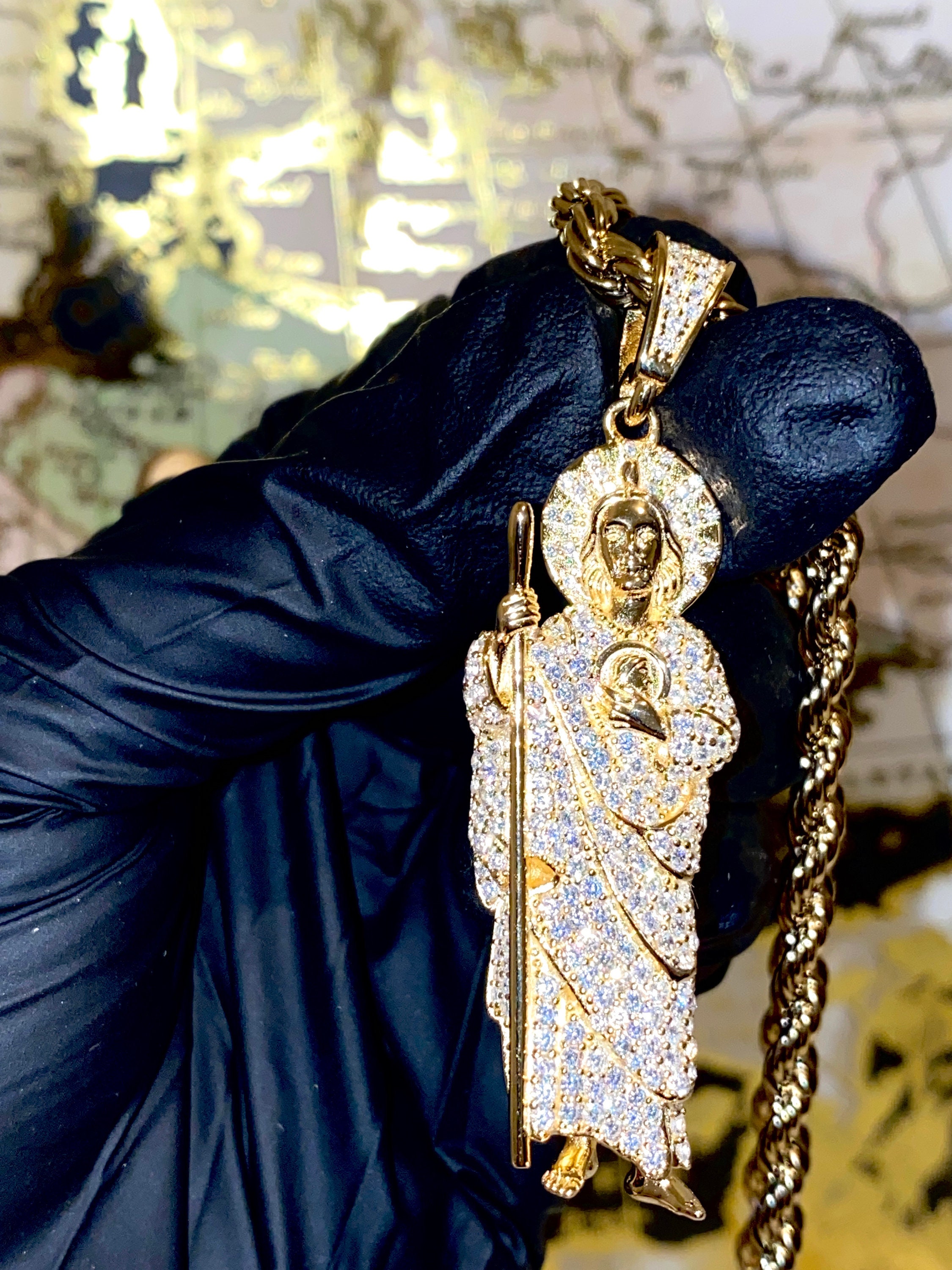 Men's 14k Gold 5X Layered Iced Saint 