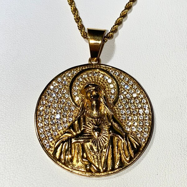 Men's Women's 14k Gold 5X Layered Stainless Steel Our Lady Virgin Guadalupe Pendant, Rope Chain 16"-24" Inches Non Rust or Turn Neck Green