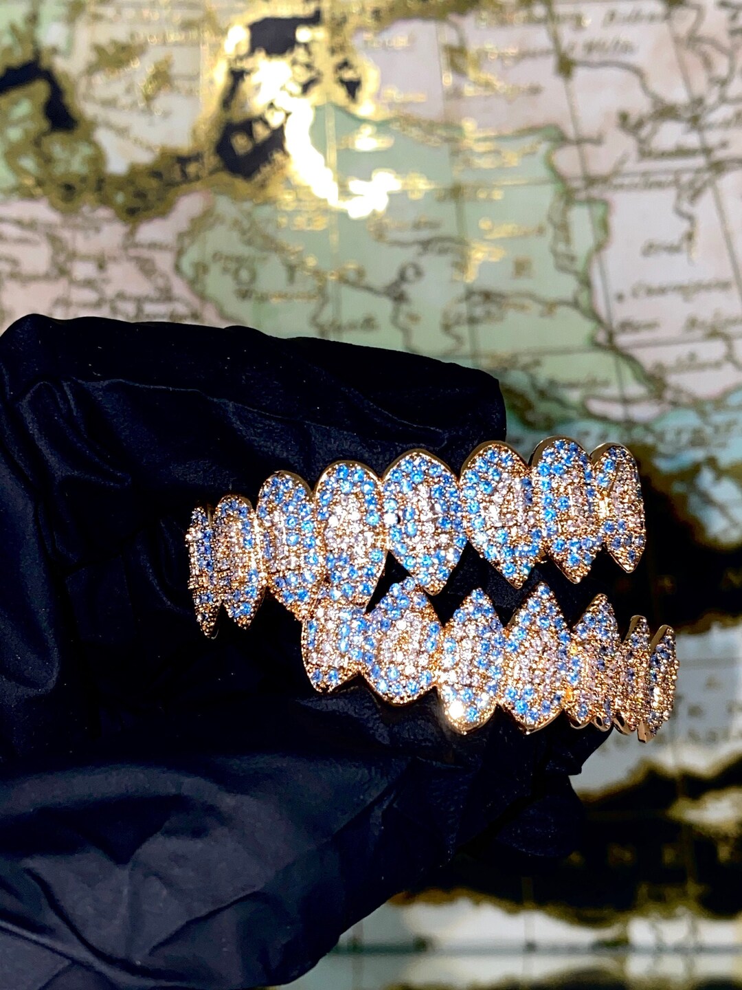 Shark 14K Gold 5X Layered 8 Piece Grillz, Gold CZ Grillz, Top and