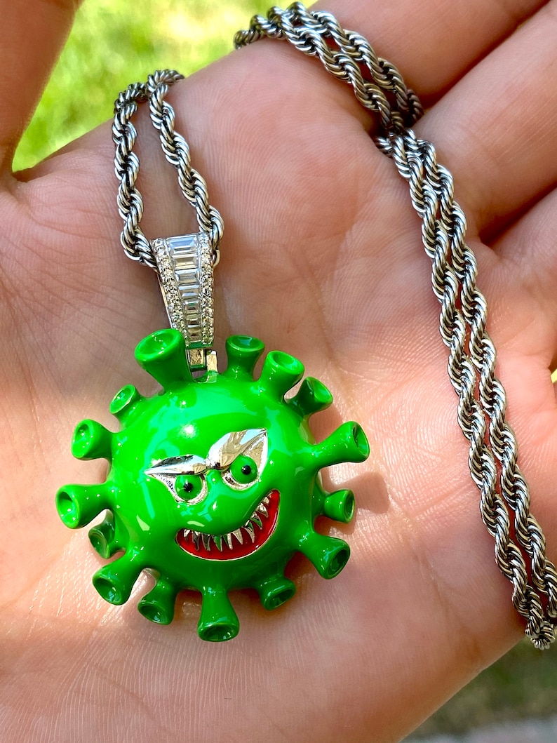 CUSTOM VIRUS Men/'s Women Italy 925 Sterling Silver Iced Pendant Stainless Steel Rope Chain 16-24 Inches Chain and pendant Set