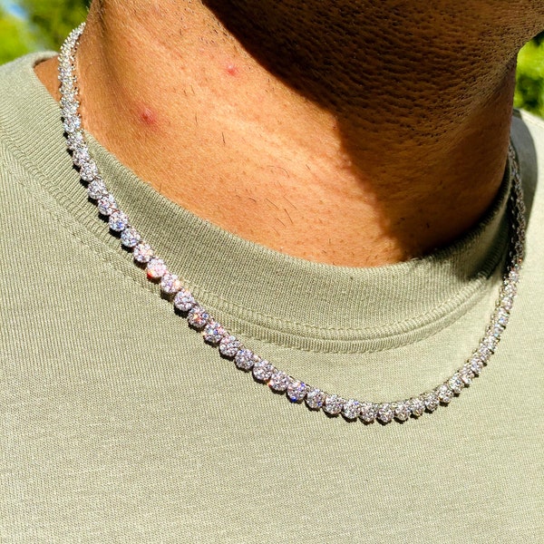 Men's Iced 5mm Flower Tennis Necklace, 14K White Gold 5X Layered Cuban Chain, Bling Necklace, CZ Diamond Choker, ICY Necklace, 18" Chain
