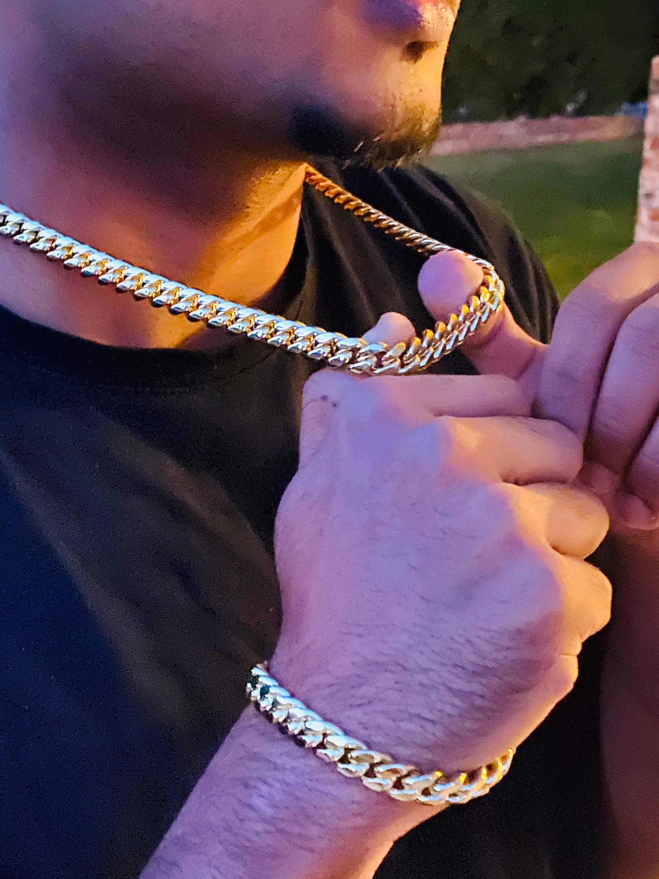 Men's Miami Cuban Link Chain and Bracelet Set 14k Gold 5X Layered