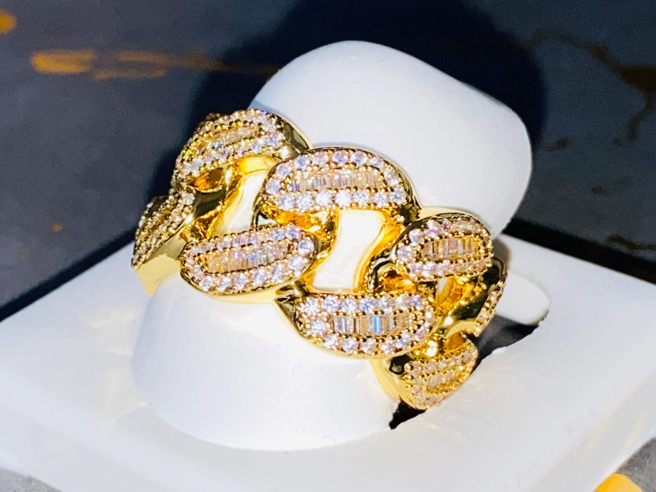 Pinky Men s Ice Out Miami Cuban Link Ring 14k Gold 5X Layered