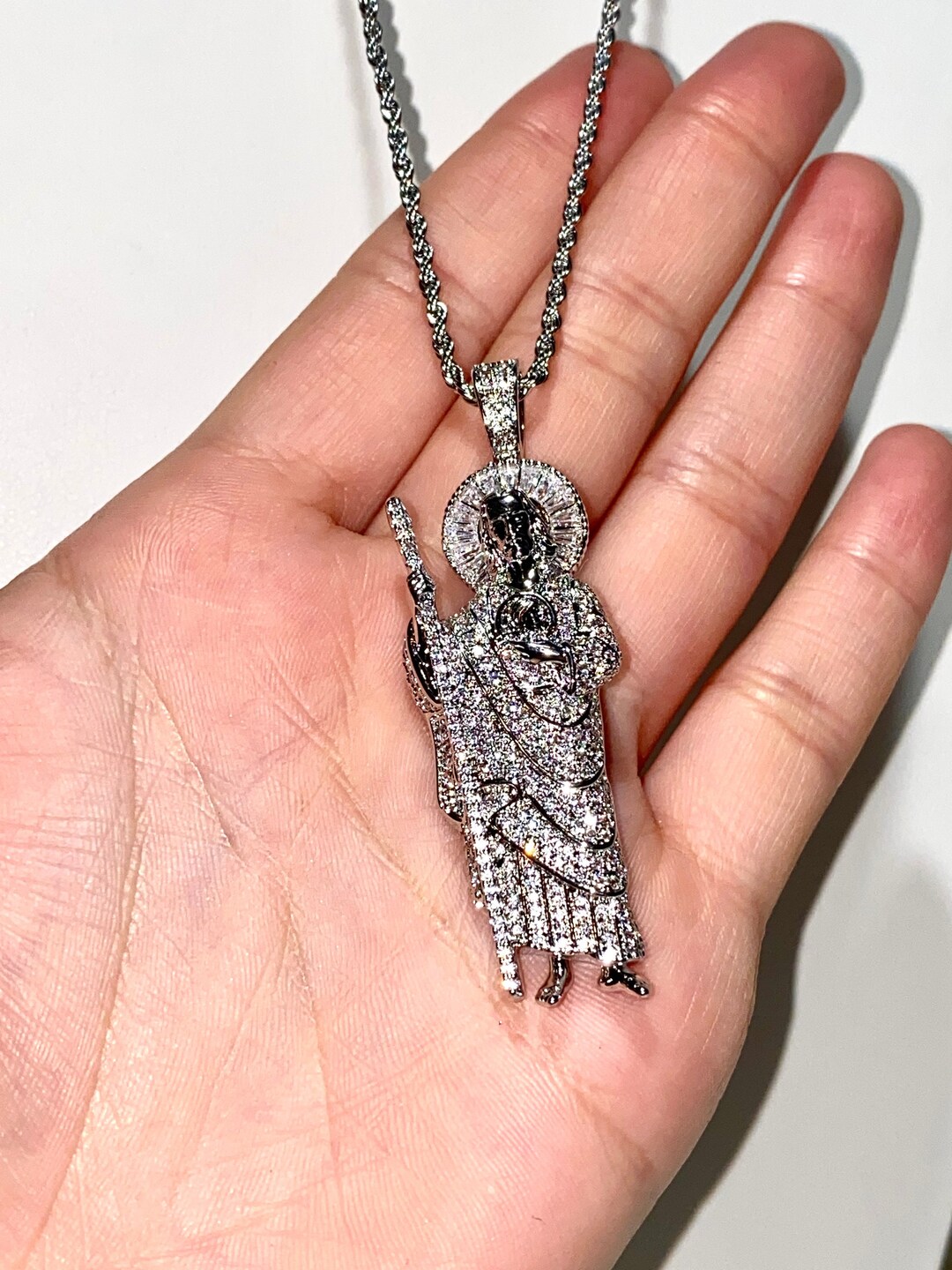 San Judas Tadeo Necklace Men's Silver White Iced Baguette Saint Jude