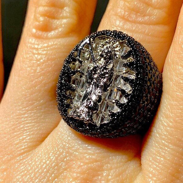 SANTA MUERTE DIAMOND Mens Ice out Ring, 1 4k Black Gold Layered Diamond Ring, Death Reaper, Unisex Sizes Ring, Gift for him, Lifetme Warranty