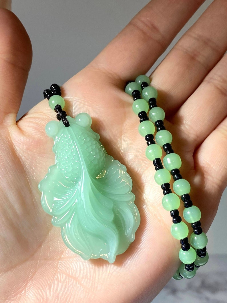 Mens Real Green Jade Turquoise Green White Gemstone Gold Fish Water Animal Elegant Obsidian carved Lucky Protection Pendant Bead Necklace