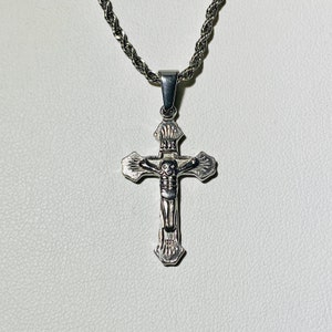 Mens Women's 14k White Gold 5X Layered Stainless Steel Tiny Dainty Jesus RELIGIOUS CROSS Crucifix Pendant, Rope Chain Pendant 16"-24" Inches