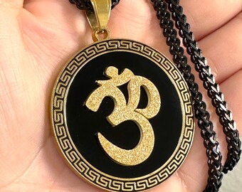 OM Religiöse Halskette Männer Frauen Massiv Schwarz Gold Edelstahl Anhänger, Franco Kette Peace Schutz OM Bodhisattva Amulett Talisman Charme