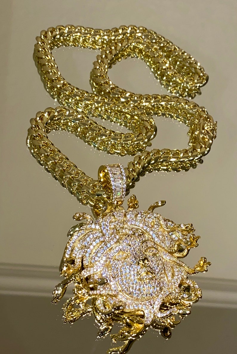 Men's Miami Cuban Link Chain Necklace,14K Gold 5X Layered Cuban Chain, Medallion Necklace, CZ Diamond Medallion Choker, ICY Necklace,Chain image 5