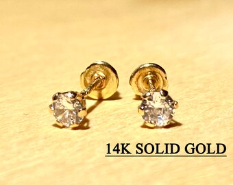 14k Solid Real Yellow 4mm Gold Basket Set Round CZ Stud Earrings, 14k Gold Back Stud Earring, Diamond Cut Round Dainty Gold Stud Earrings