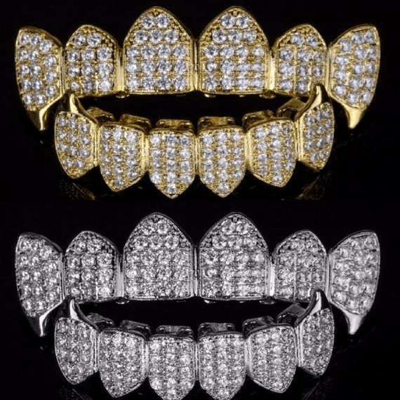 18k Gold Plated Grillz Set Two-Tone Bust Down Bling CZ Iced Hip Hop Teeth Grills 