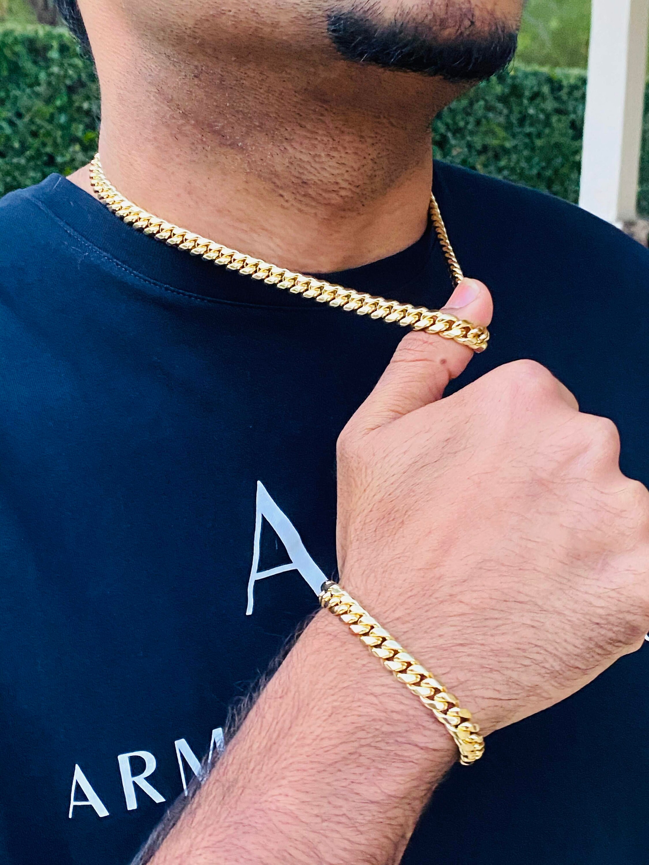 Men's Miami Cuban Link Chain and Bracelet Set 14k Gold 5X Layered