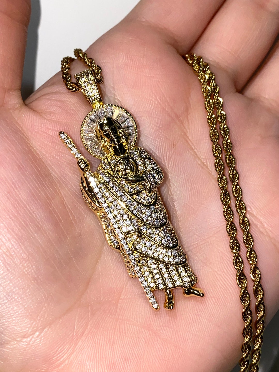 San Judas Tadeo Necklace Men's 14k Gold 5X Iced Baguette Saint Jude