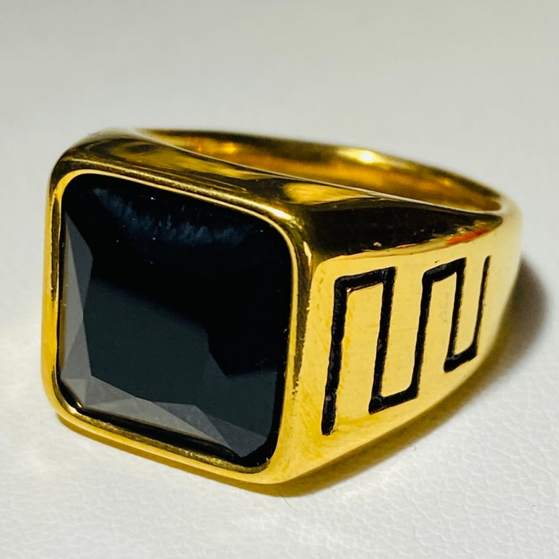 Men's Signet Ring, 14k Gold 5X layered stainless steel, Black Square Signet Ring, Unisex Sizes Ring, Gift for him, Warranty Every Day Wear image 2