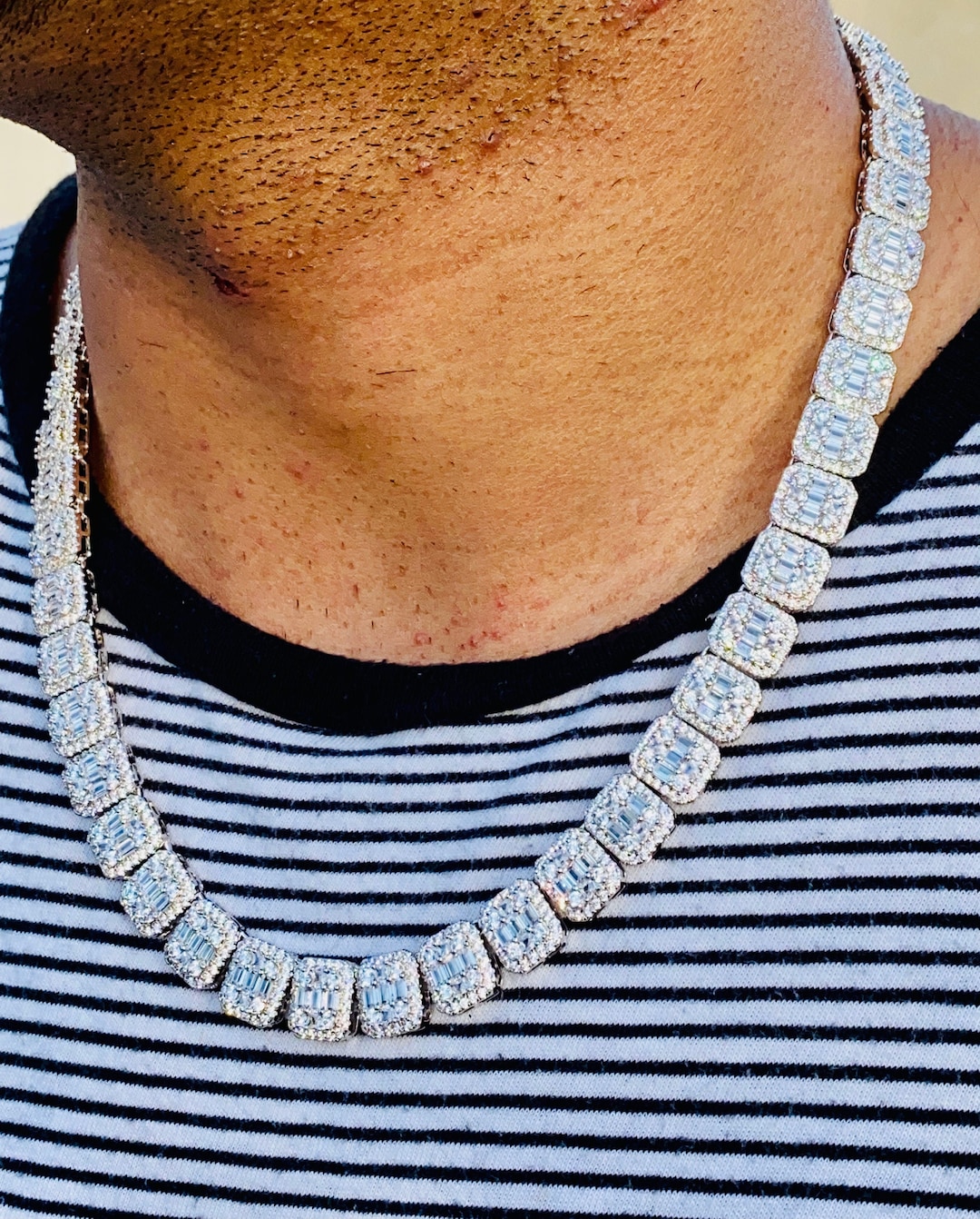 Men's Baguette Tennis Chain Link Necklace,14k White Gold 5X Layered