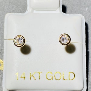 14k Solid Real Yellow 2mm Gold Basket Set Round CZ Stud Earrings, 14k Gold Back Stud Earring, Diamond Cut Round Dainty Gold Stud Earrings