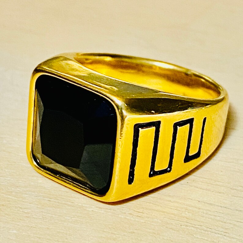 Men's Signet Ring, 14k Gold 5X layered stainless steel, Black Square Signet Ring, Unisex Sizes Ring, Gift for him, Warranty Every Day Wear image 9