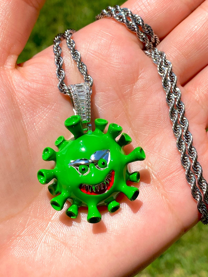 CUSTOM VIRUS Men/'s Women Italy 925 Sterling Silver Iced Pendant Stainless Steel Rope Chain 16-24 Inches Chain and pendant Set