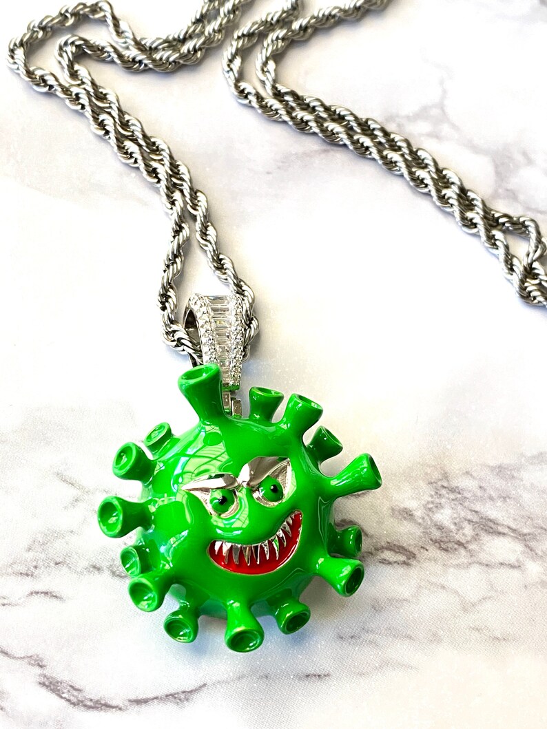CUSTOM VIRUS Men/'s Women Italy 925 Sterling Silver Iced Pendant Stainless Steel Rope Chain 16-24 Inches Chain and pendant Set