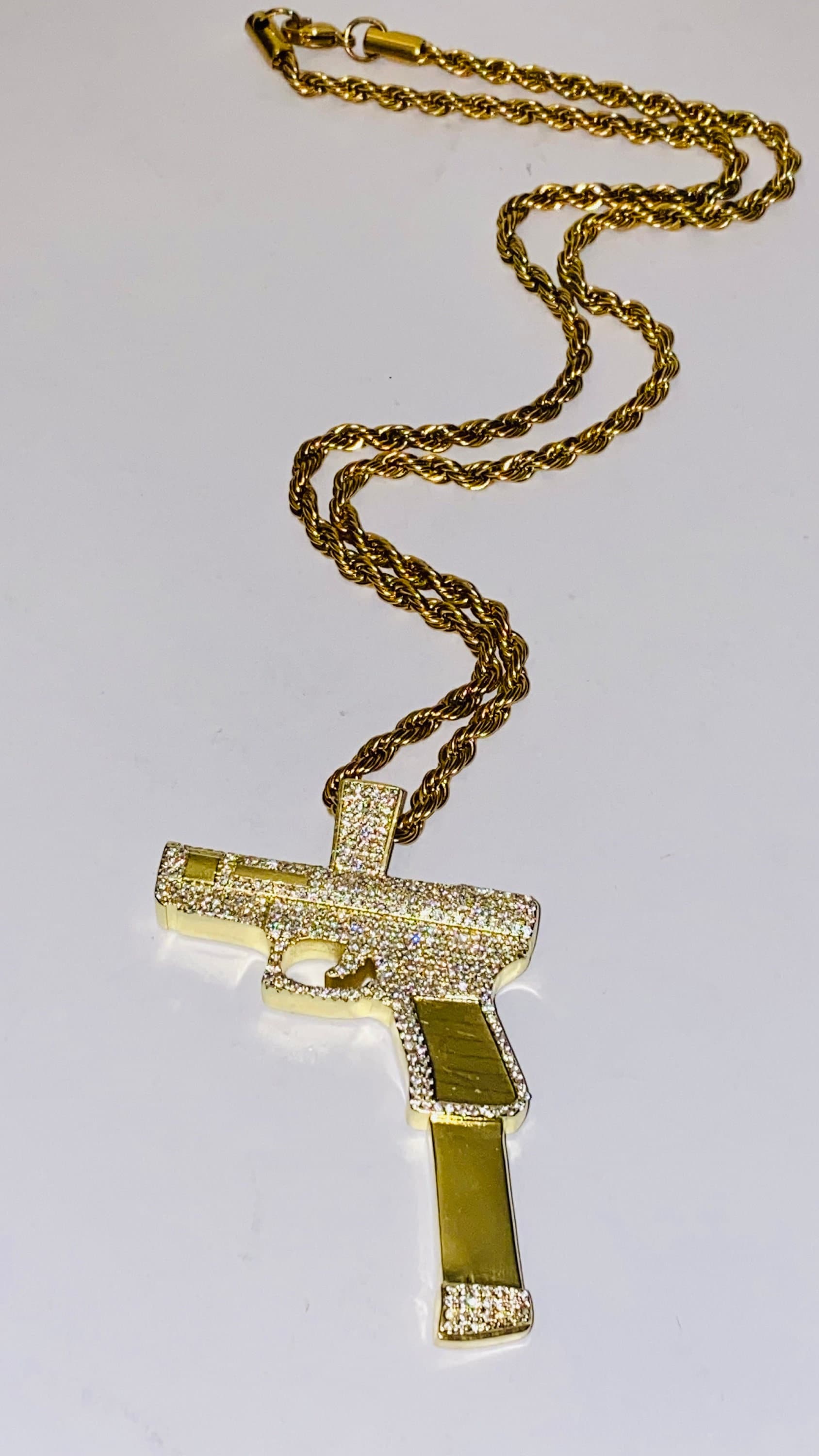 Men s Women s 14k Gold 5X Layered Iced Gun Rifle With Mag