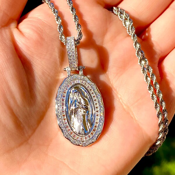 Iced Virgin Mary Men's Women Italy 925 Sterling Silver Iced Pendant, Stainless Steel Rope Chain 16"- 24" Inches Chain and pendant Set