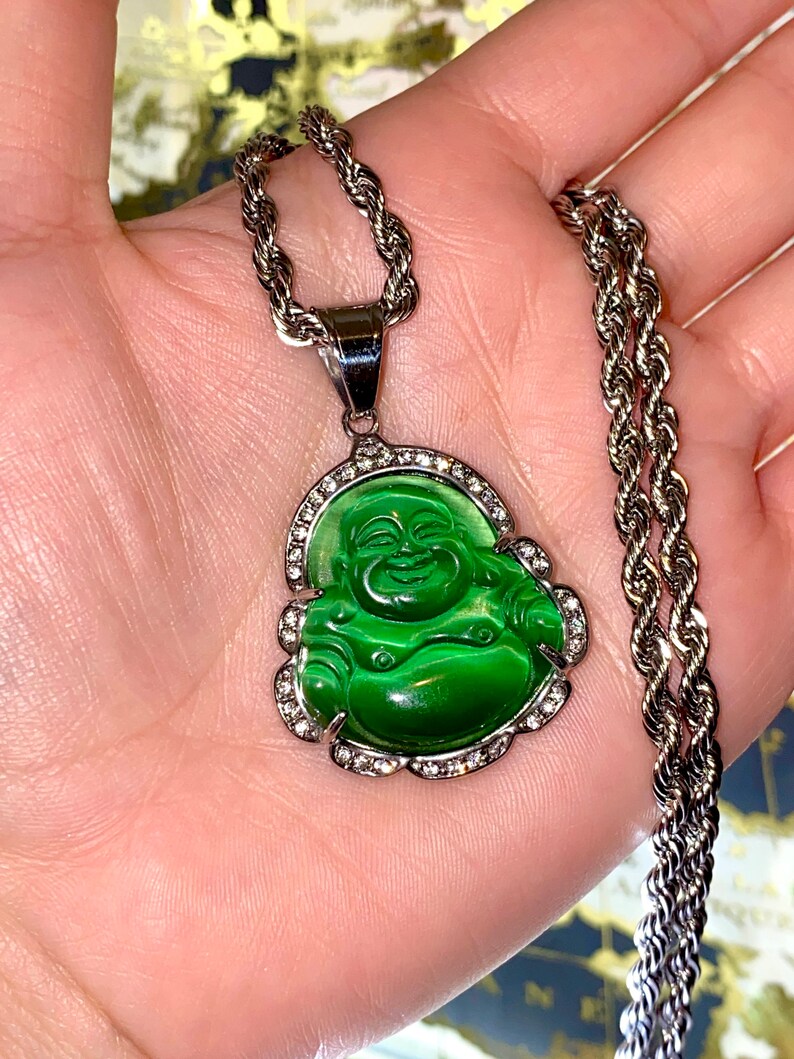 Men/'s Women/'s Real Jade Green Thai Buddha 14k Silver layered CZ Diamonds Steel Chain and Pendant Fashion Statement Very Famous 16-24