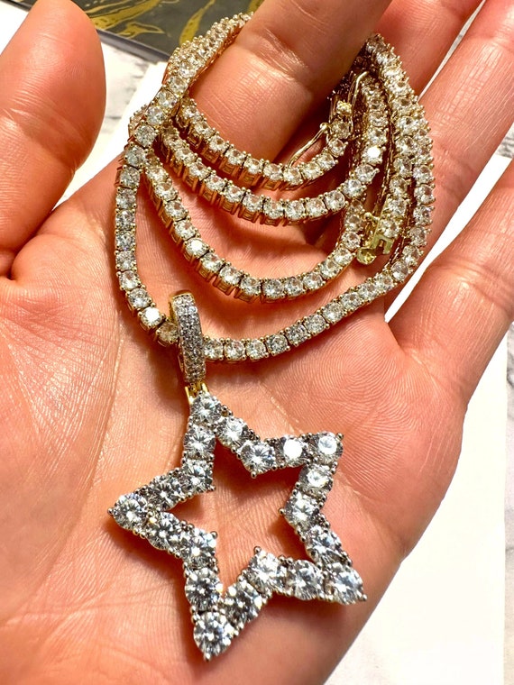 Shooting Star Tennis Link Chain Necklace 14k Gold 5X Layered 16