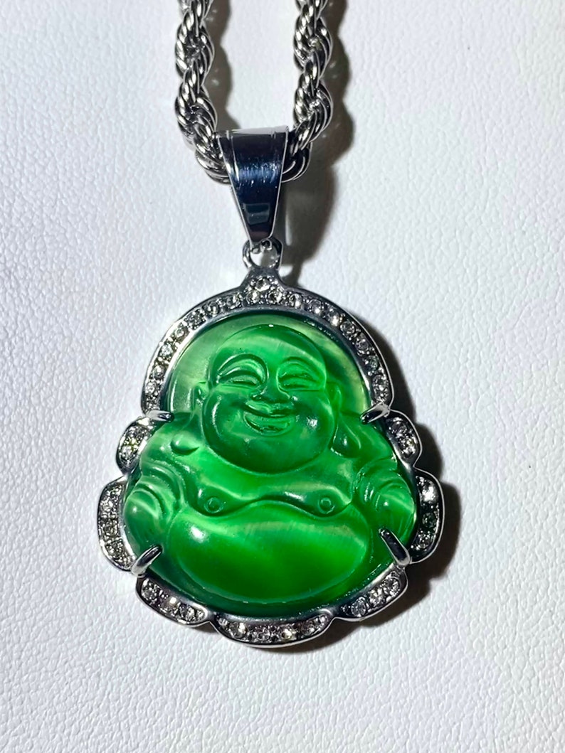 Men/'s Women/'s Real Jade Green Thai Buddha 14k Silver layered CZ Diamonds Steel Chain and Pendant Fashion Statement Very Famous 16-24