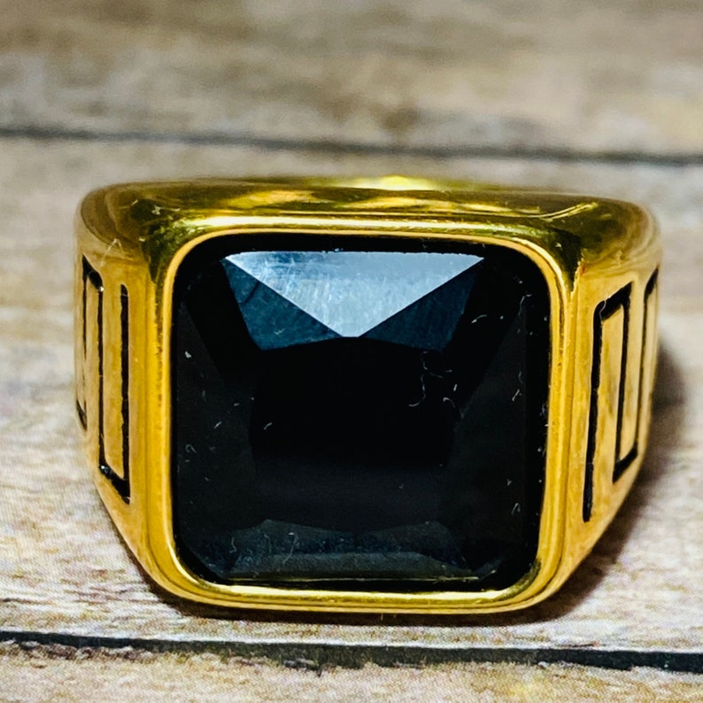 Men's Signet Ring, 14k Gold 5X layered stainless steel, Black Square Signet Ring, Unisex Sizes Ring, Gift for him, Warranty Every Day Wear image 4