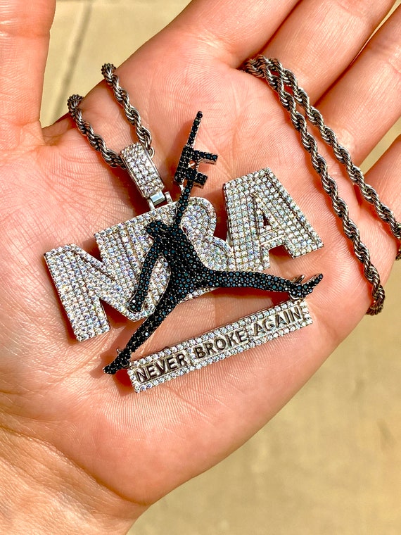 Custom NEVER BROKE AGAIN Money Charm Mens Women Italy Silver Iced