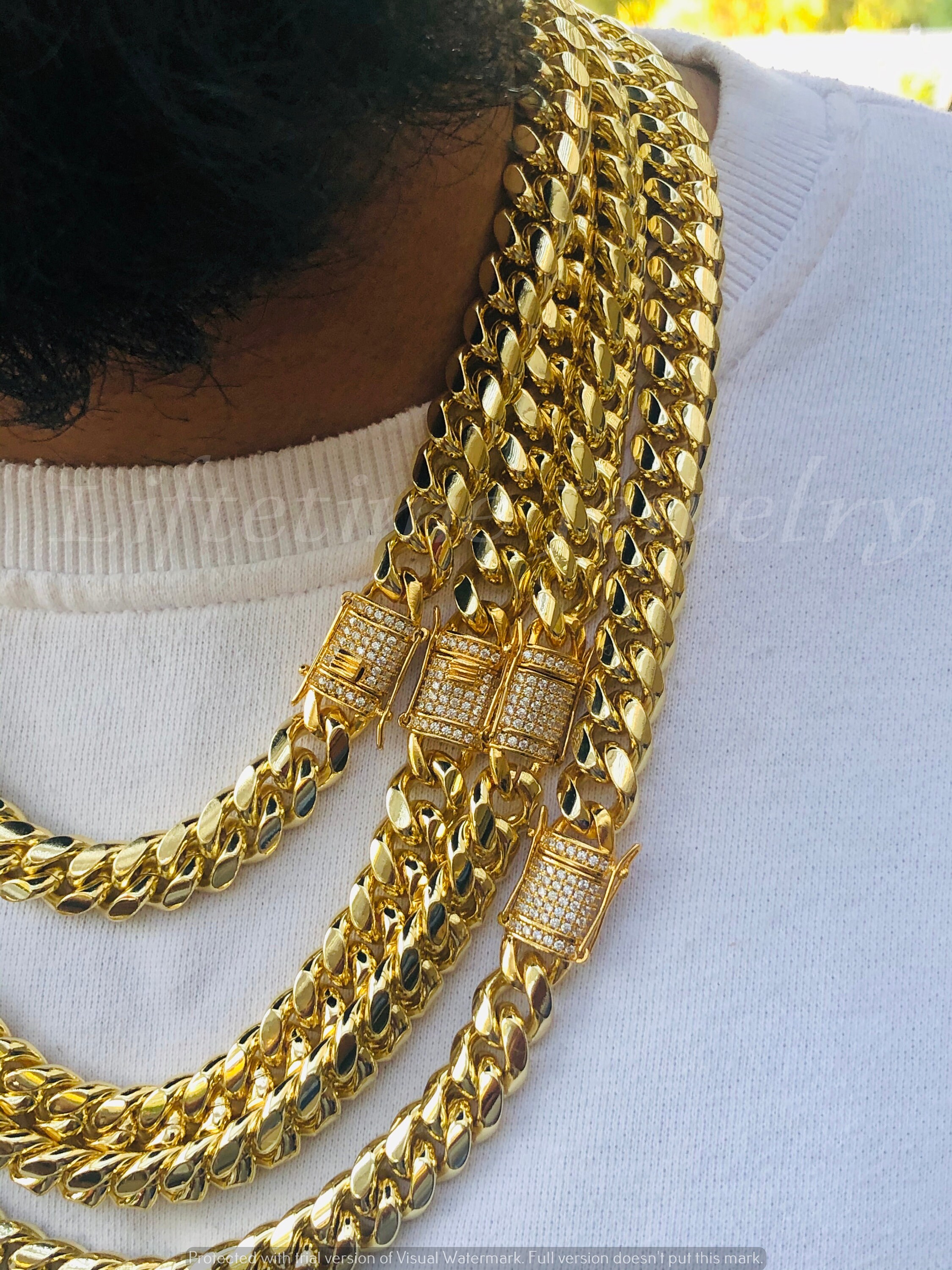 Miami Cuban Link Chain For Men Women 14k Gold 5X Layered Steel 12mm Miami Cuban Link Chain For Men Women 14k Gold 5X Layered Steel 12mm