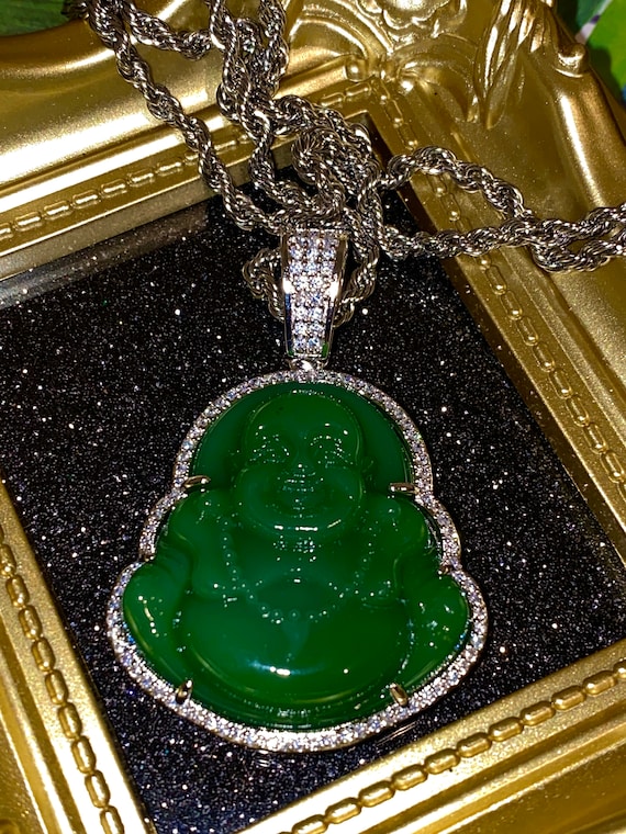 Men/'s Women/'s Real Jade Green Thai Buddha 14k Silver layered CZ Diamonds Steel Chain and Pendant Fashion Statement Very Famous 16-24