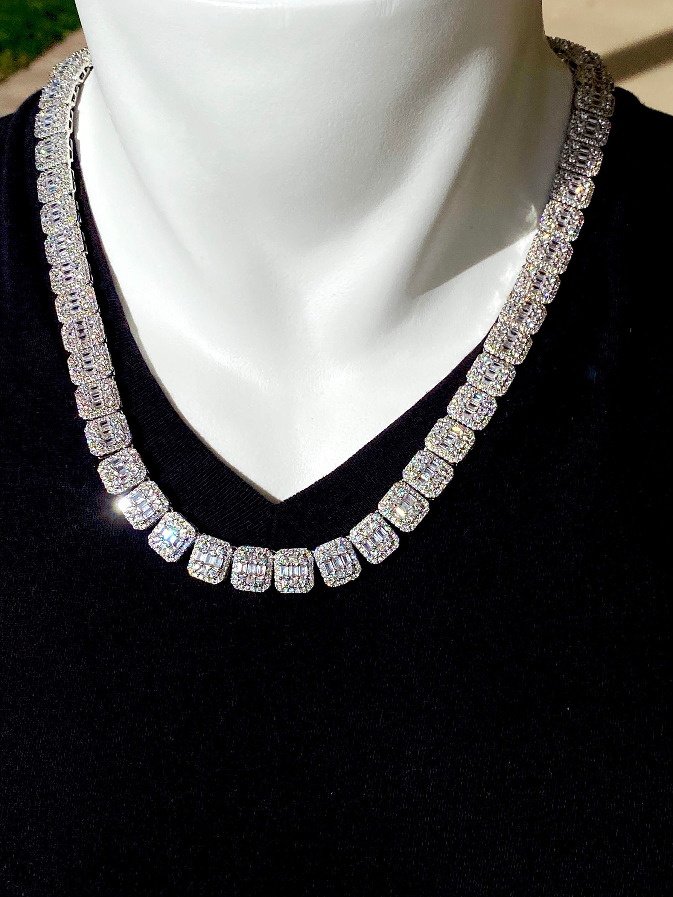 Men s Baguette Tennis Chain Link Necklace 14k White Gold 5X