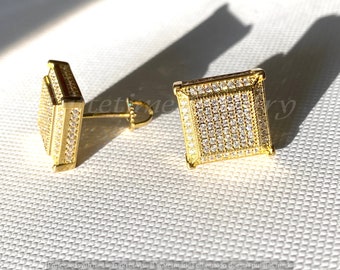 Men Women 14k Gold Layered icy Bling Square Screw Back Earrings Rappers Religious Every Day Wear Unisex CZ Diamonds Earrings Screw Back