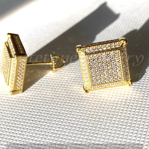 Men Women 14k Gold Layered icy Bling Square Screw Back Earrings Rappers Religious Every Day Wear Unisex CZ Diamonds Earrings Screw Back